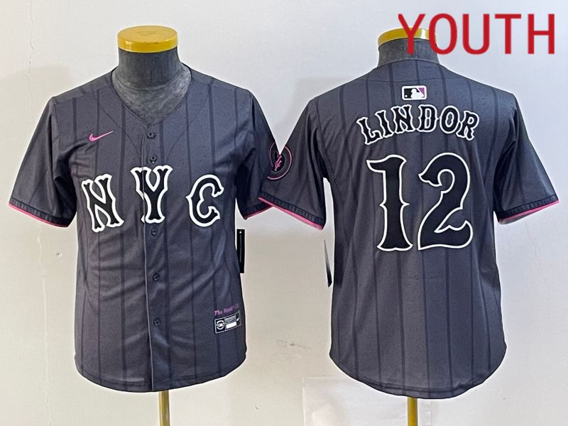Youth New York Mets #12 Lindor Black City Edition 2024 Nike MLB Jersey style 2->women mlb jersey->Women Jersey